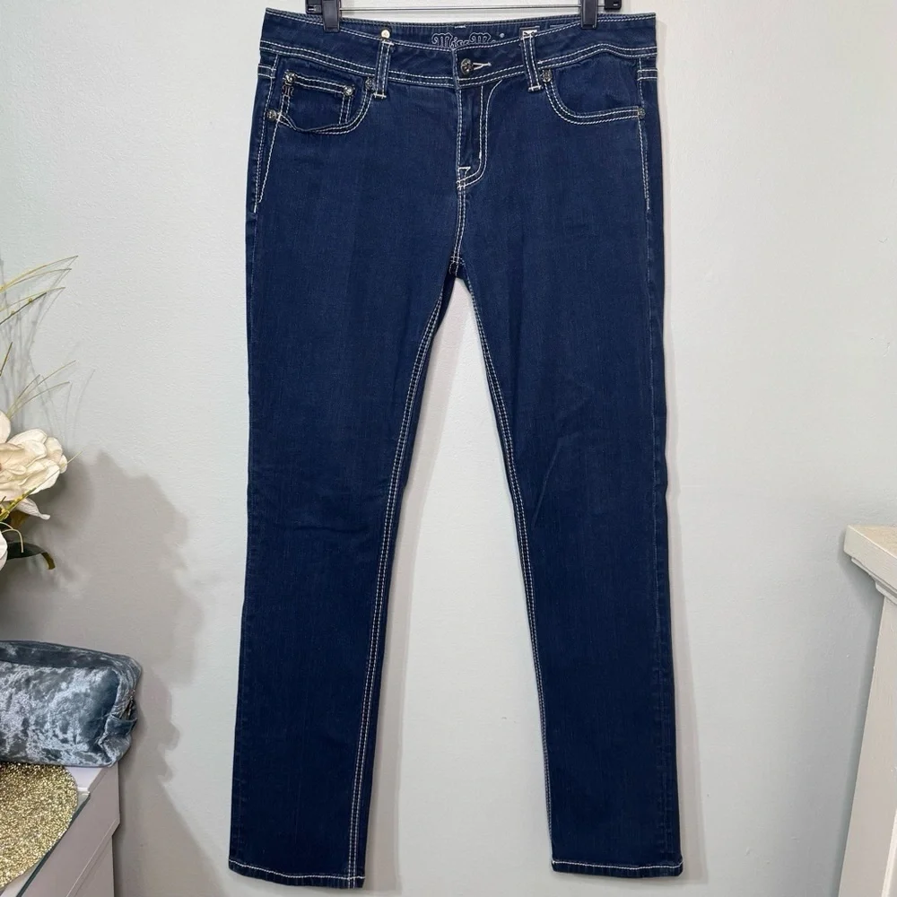 Miss Me Easy Skinny Jean Fleur De Lis Dark Wash Jeans Rhinestone Bling Size 31 - Picture 3 of 10